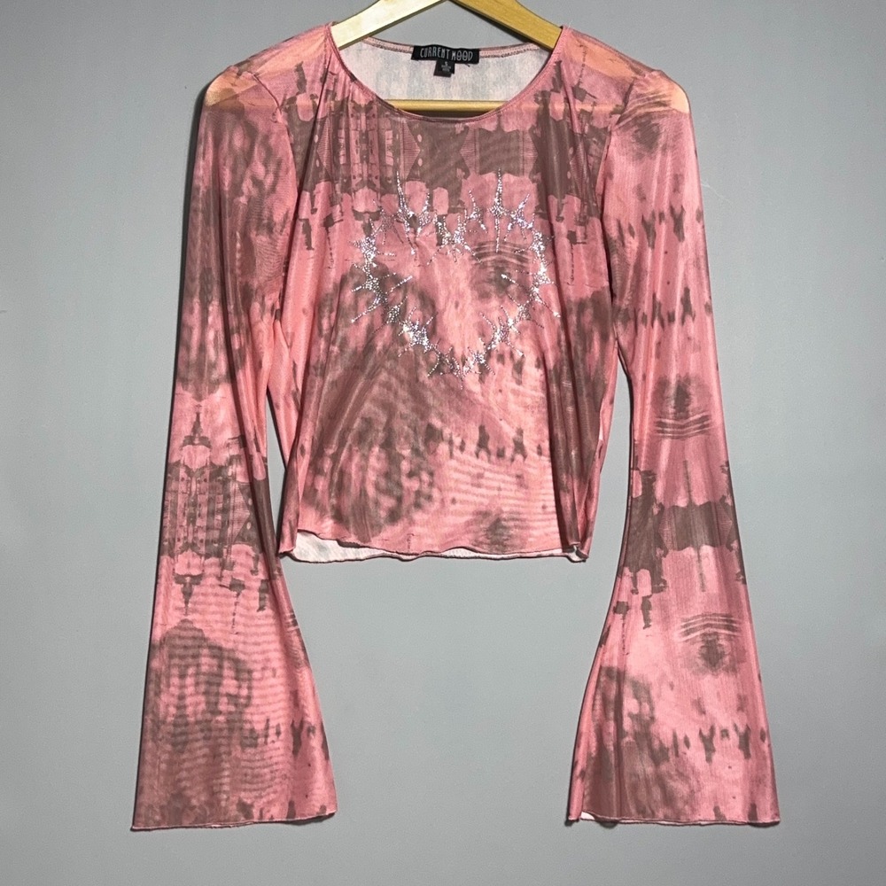Current Mood Mesh Top Flare Sleeve‎ Shirt Womens Size Small Rhinestone Pink Goth